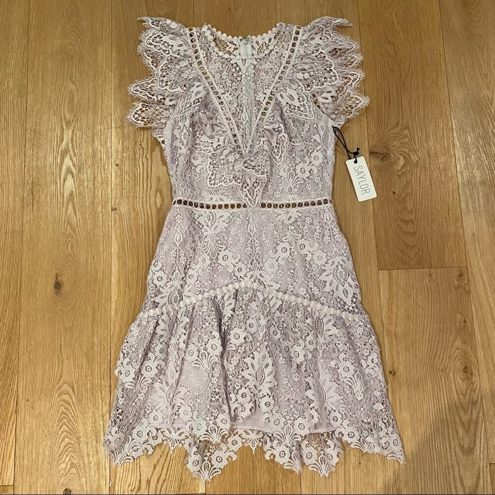SAYLOR Kerry Sustainable High Neck Lace Mini Dress in Orchid Lilac